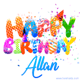 Animated GIF with colorful, festive 'Happy Birthday Allan' text decorated with patterns, a party hat, and falling confetti. A vibrant and cheerful design for birthday celebrations.