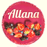 Beautifully decorated red velvet berry birthday cake with vibrant fruits and a glowing 'Allana' name, adding a touch of sweetness and sparkle.