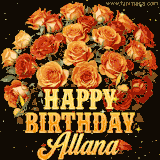 Animated bouquet of orange roses with moving butterfles and golden 'Happy Birthday Allana' text, surrounded by sparkling accents and a dark backdrop for a luxurious feel.
