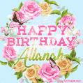 A charming animated GIF featuring 'Happy Birthday Allanah' in pink and green text, surrounded by delicate roses, leaves, and fluttering butterflies on a soft light blue pastel background.