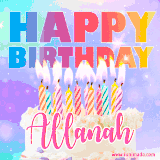 A vibrant animated name GIF with the words 'Happy Birthday Allanah' with colorful candles on a creamy cake. The background sparkles with pastel shades, adding a festive touch.