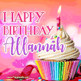 A vibrant birthday GIF featuring a rainbow-colored cupcake topped with white frosting, sprinkles, and a lit candle. The text reads 'Happy Birthday Allannah' in bold pink and violet letters with white outline.