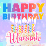 A vibrant animated name GIF with the words 'Happy Birthday Allannah' with colorful candles on a creamy cake. The background sparkles with pastel shades, adding a festive touch.