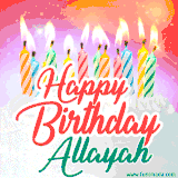 Bright birthday candles with rainbow flames on a cake, alongside the text 'Happy Birthday Allayah' in vibrant script in this celebratory animated GIF.