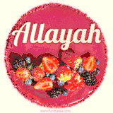 Beautifully decorated red velvet berry birthday cake with vibrant fruits and a glowing 'Allayah' name, adding a touch of sweetness and sparkle.