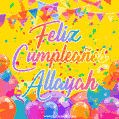 A bright and festive GIF with the text 'Feliz Cumpleaños Allayah' in Spanish in colorful fonts, surrounded by confetti, balloons, and festive banners on a vibrant yellow background.