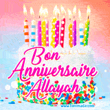 A white birthday cake covered in colorful sprinkles, topped with bright candles, and French text 'Bon Anniversaire Allayah' on a pastel gradient background in an animated GIF.