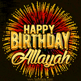 Golden 'Happy Birthday Allayah' text accompanied by animated rainbow fireworks for a festive animated greeting.
