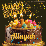 A delightful chocolate birthday cake with bright candles and 'Happy Birthday Allayah' written in gold amidst a shower of animated stars.
