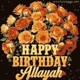Animated bouquet of orange roses with moving butterfles and golden 'Happy Birthday Allayah' text, surrounded by sparkling accents and a dark backdrop for a luxurious feel.
