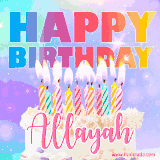 A vibrant animated name GIF with the words 'Happy Birthday Allayah' with colorful candles on a creamy cake. The background sparkles with pastel shades, adding a festive touch.