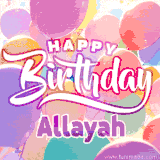 A vibrant name GIF featuring colorful balloons in shades of pink, orange, and yellow with the bold text 'Happy Birthday Allayah' in festive fonts, creating a lively birthday vibe.