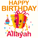 A vibrant and funny gift box character with a happy face dancing with a cupcake and the text 'Happy Birthday Allayah,' surrounded by animated confetti and party vibes.