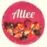 Beautifully decorated red velvet berry birthday cake with vibrant fruits and a glowing 'Allee' name, adding a touch of sweetness and sparkle.