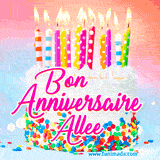 A white birthday cake covered in colorful sprinkles, topped with bright candles, and French text 'Bon Anniversaire Allee' on a pastel gradient background in an animated GIF.