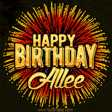 Golden 'Happy Birthday Allee' text accompanied by animated rainbow fireworks for a festive animated greeting.