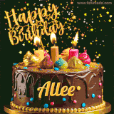 A delightful chocolate birthday cake with bright candles and 'Happy Birthday Allee' written in gold amidst a shower of animated stars.