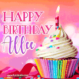 A vibrant birthday GIF featuring a rainbow-colored cupcake topped with white frosting, sprinkles, and a lit candle. The text reads 'Happy Birthday Allee' in bold pink and violet letters with white outline.