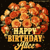 Animated bouquet of orange roses with moving butterfles and golden 'Happy Birthday Allee' text, surrounded by sparkling accents and a dark backdrop for a luxurious feel.