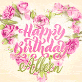 A stunning heart made of pink roses surrounds the elegant script text 'Happy Birthday Alleen' on a soft beige background. Animated sparkles add a magical and festive feel.