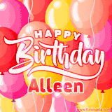 A vibrant name GIF featuring colorful balloons in shades of pink, orange, and yellow with the bold text 'Happy Birthday Alleen' in festive fonts, creating a lively birthday vibe.