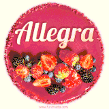 Beautifully decorated red velvet berry birthday cake with vibrant fruits and a glowing 'Allegra' name, adding a touch of sweetness and sparkle.