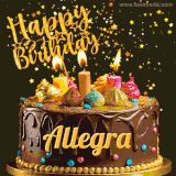 A delightful chocolate birthday cake with bright candles and 'Happy Birthday Allegra' written in gold amidst a shower of animated stars.
