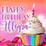 A vibrant birthday GIF featuring a rainbow-colored cupcake topped with white frosting, sprinkles, and a lit candle. The text reads 'Happy Birthday Allegra' in bold pink and violet letters with white outline.