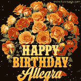 Animated bouquet of orange roses with moving butterfles and golden 'Happy Birthday Allegra' text, surrounded by sparkling accents and a dark backdrop for a luxurious feel.