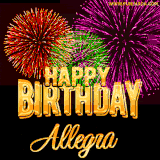 A golden 'Happy Birthday Allegra' message with vibrant fireworks in the background, creating a festive and celebratory vibe in this animated name GIF.