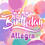 A vibrant name GIF featuring colorful balloons in shades of pink, orange, and yellow with the bold text 'Happy Birthday Allegra' in festive fonts, creating a lively birthday vibe.
