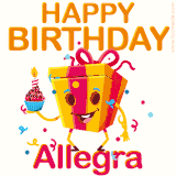 A vibrant and funny gift box character with a happy face dancing with a cupcake and the text 'Happy Birthday Allegra,' surrounded by animated confetti and party vibes.