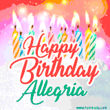 Bright birthday candles with rainbow flames on a cake, alongside the text 'Happy Birthday Allegria' in vibrant script in this celebratory animated GIF.