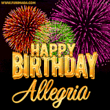 A golden 'Happy Birthday Allegria' message with vibrant fireworks in the background, creating a festive and celebratory vibe in this animated name GIF.