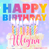 A vibrant animated name GIF with the words 'Happy Birthday Allegria' with colorful candles on a creamy cake. The background sparkles with pastel shades, adding a festive touch.