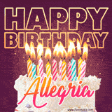 A colorful birthday cake topped with lit candles, with the words 'Happy Birthday Allegria' in bold glowing letters on a burgundy background. Animated flames add a festive touch.