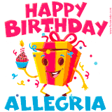 A vibrant and funny gift box character with a happy face dancing with a cupcake and the text 'Happy Birthday Allegria,' surrounded by animated confetti and party vibes.