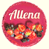 Beautifully decorated red velvet berry birthday cake with vibrant fruits and a glowing 'Allena' name, adding a touch of sweetness and sparkle.