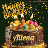 A delightful chocolate birthday cake with bright candles and 'Happy Birthday Allena' written in gold amidst a shower of animated stars.