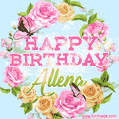 A charming animated GIF featuring 'Happy Birthday Allena' in pink and green text, surrounded by delicate roses, leaves, and fluttering butterflies on a soft light blue pastel background.