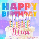 A vibrant animated name GIF with the words 'Happy Birthday Allena' with colorful candles on a creamy cake. The background sparkles with pastel shades, adding a festive touch.