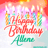 Bright birthday candles with rainbow flames on a cake, alongside the text 'Happy Birthday Allene' in vibrant script in this celebratory animated GIF.