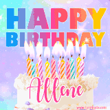 A vibrant animated name GIF with the words 'Happy Birthday Allene' with colorful candles on a creamy cake. The background sparkles with pastel shades, adding a festive touch.