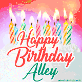 Bright birthday candles with rainbow flames on a cake, alongside the text 'Happy Birthday Alley' in vibrant script in this celebratory animated GIF.