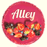 Beautifully decorated red velvet berry birthday cake with vibrant fruits and a glowing 'Alley' name, adding a touch of sweetness and sparkle.