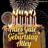A chocolate birthday cake with glowing candles, the German text 'Alles Gute zum Geburtstag Alley,' and vibrant fireworks lighting up the background in an animated GIF.