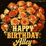 Animated bouquet of orange roses with moving butterfles and golden 'Happy Birthday Alley' text, surrounded by sparkling accents and a dark backdrop for a luxurious feel.