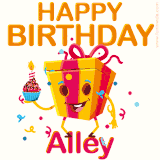 A vibrant and funny gift box character with a happy face dancing with a cupcake and the text 'Happy Birthday Alley,' surrounded by animated confetti and party vibes.