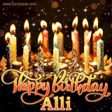A glowing personalized birthday GIF with name Alli featuring lit candles with intricate designs, warm lighting, and the text 'Happy Birthday' in an elegant font.