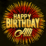 Golden 'Happy Birthday Alli' text accompanied by animated rainbow fireworks for a festive animated greeting.
